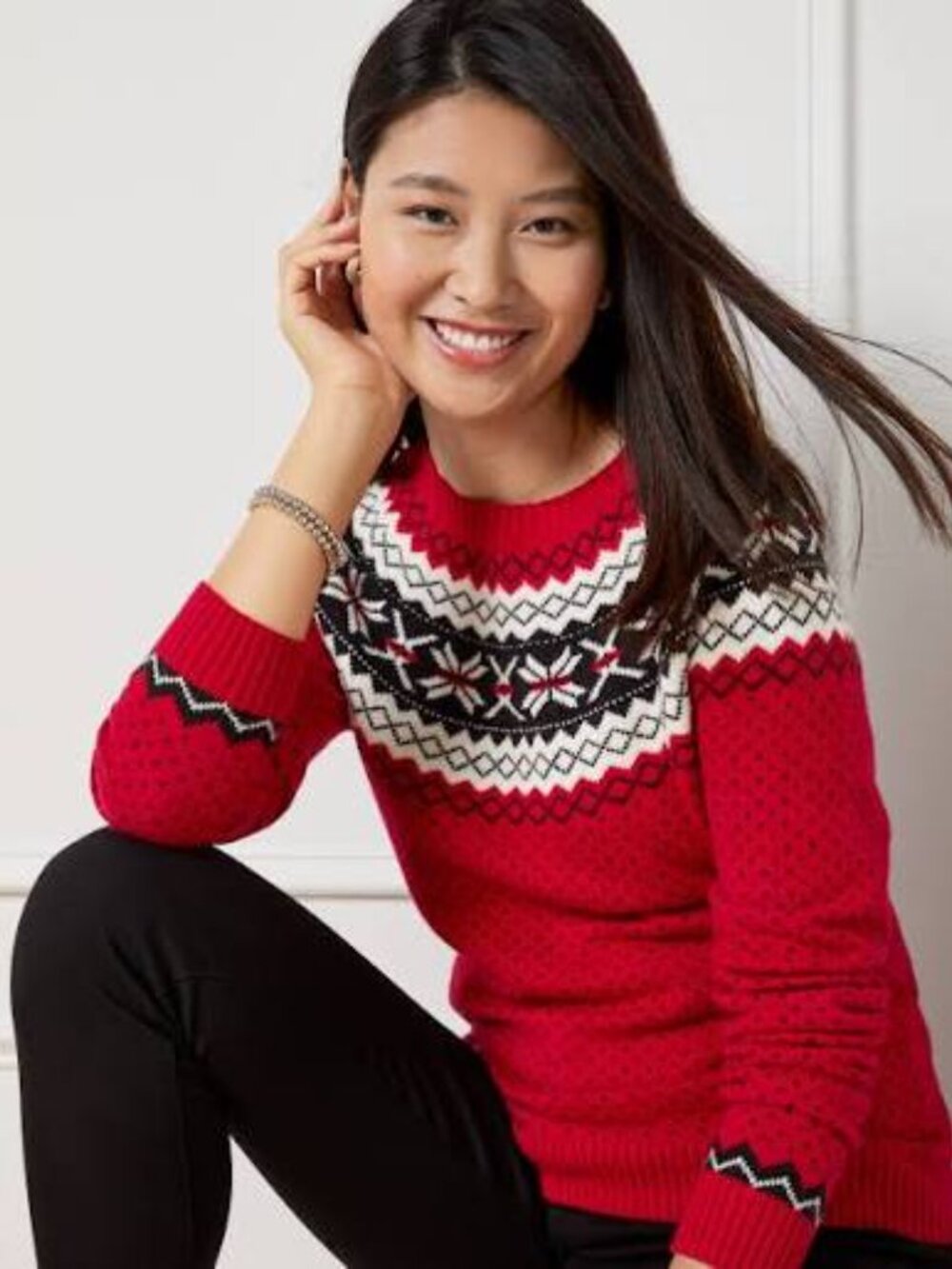 Talbots Plus Womens Holiday Yoke Fair Isle Crewneck Pullover 1XL Knit Sweater